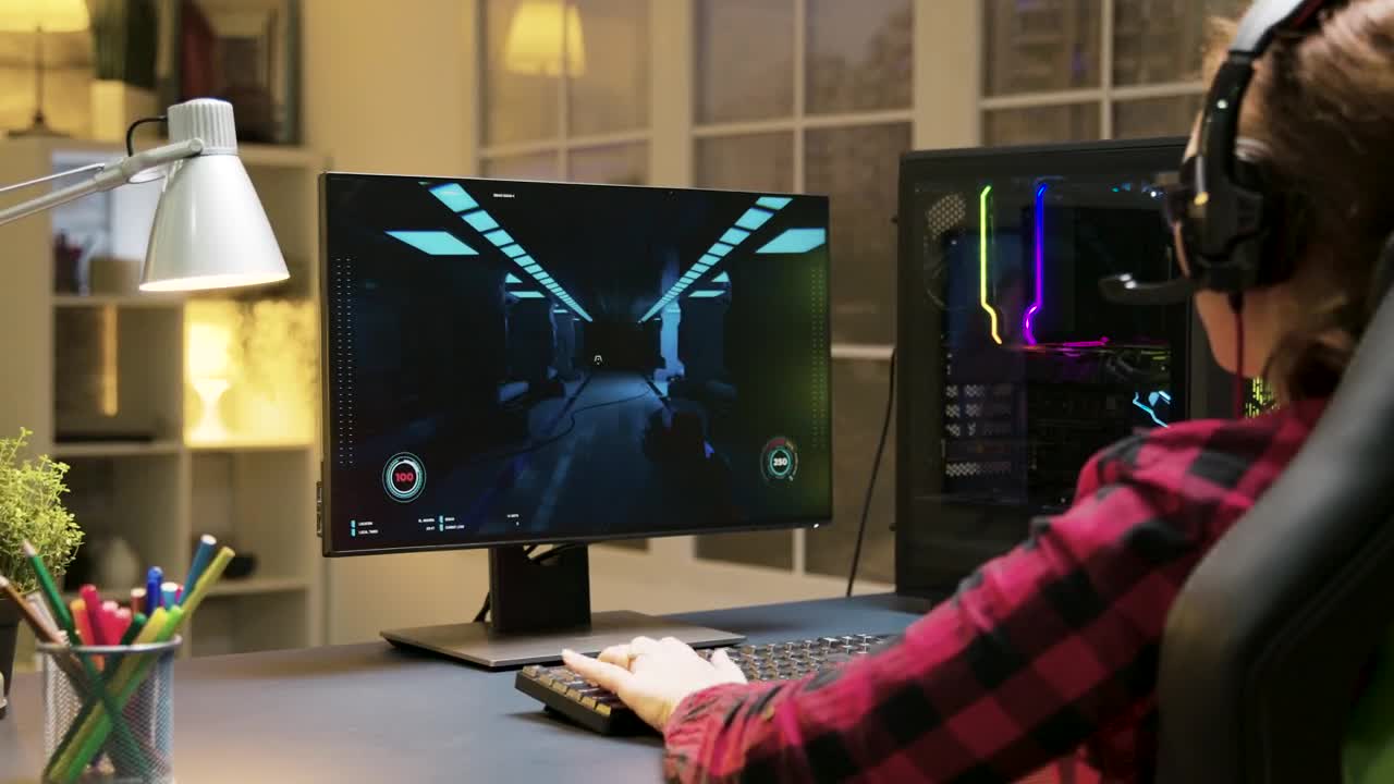Stock Video Girl Gaming Online At Home In Over The Shoulder View Live Wallpaper For PC - Free Download