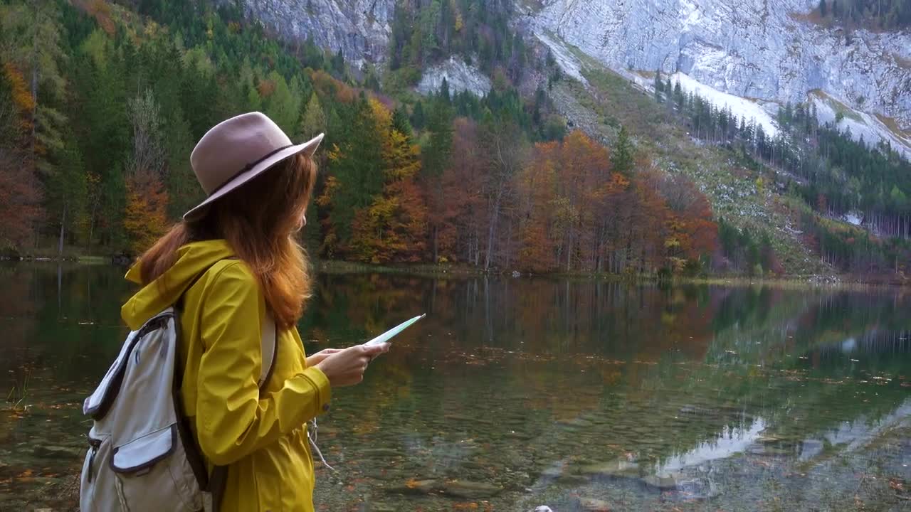 Stock Video Hiking Woman Looking At Map At The Lake Shore Animated Wallpaper - Free Download
