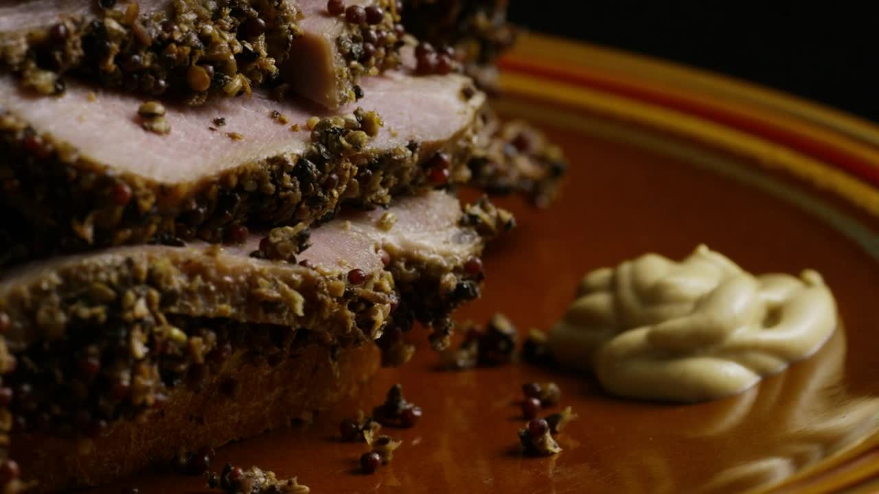 Stock Video Pastrami With Mustard On A Dish Live Wallpaper - Free Download