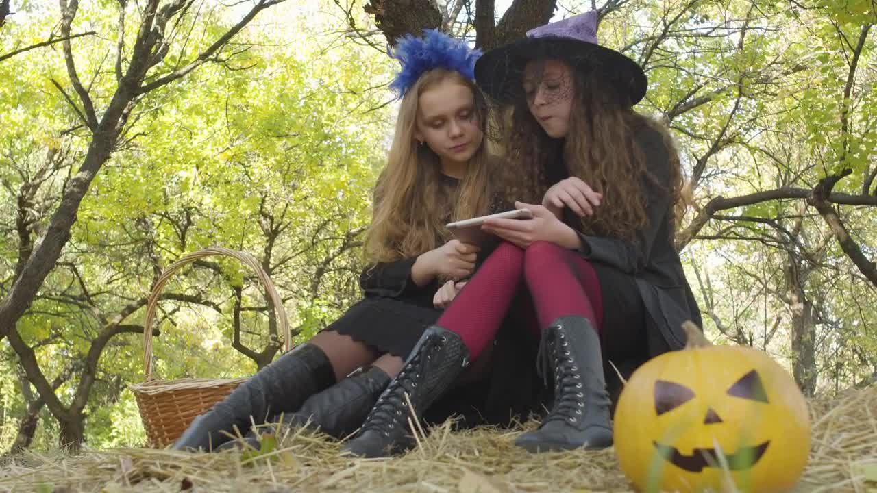 Stock Video Little Girls In Halloween Costumes Use Tablet Under Tree Animated Wallpaper - Free Download