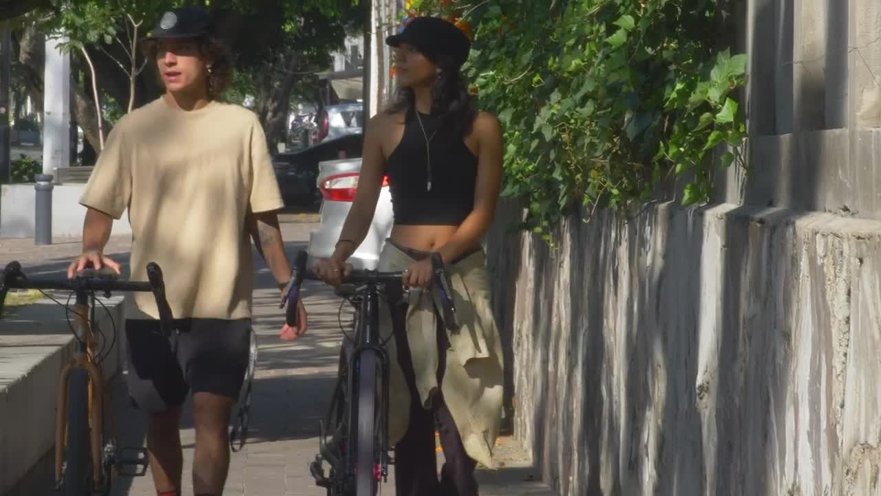Stock Video Couple Walking With Bicycles On The Sidewalk Live Wallpaper For PC - Free Download