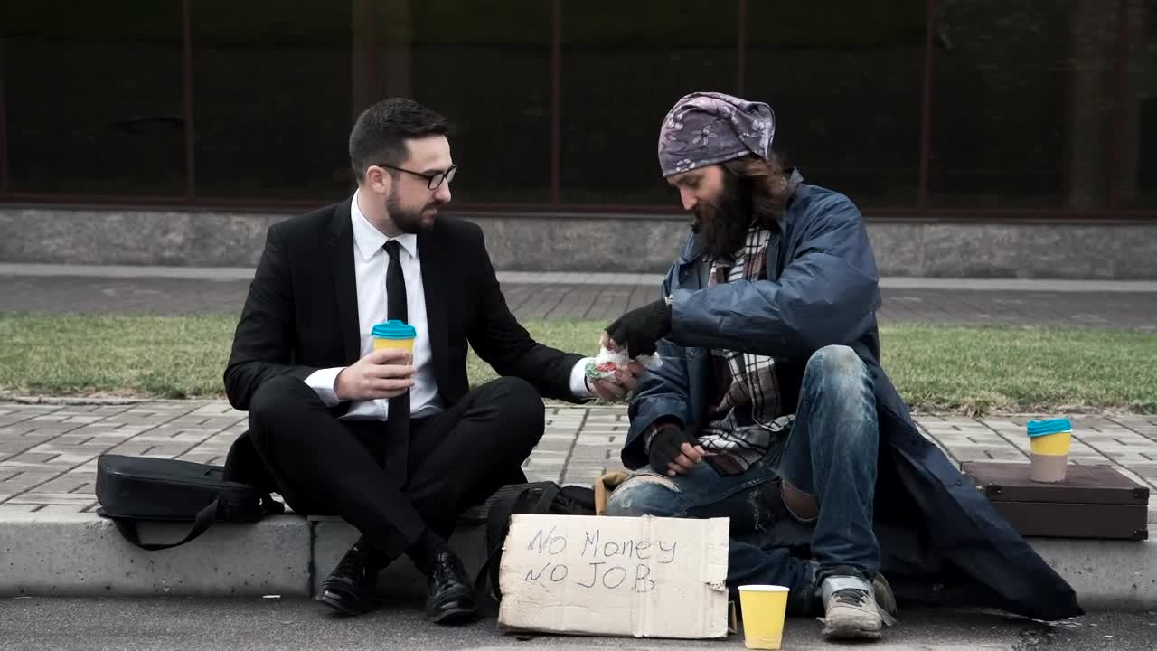 Video Stock Businessman With Homeless On The Street Live Wallpaper For PC - Free Download