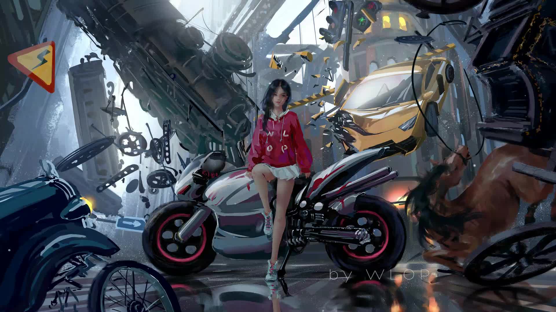 WLOP Motorcycle Girl Live Wallpaper - Free Download