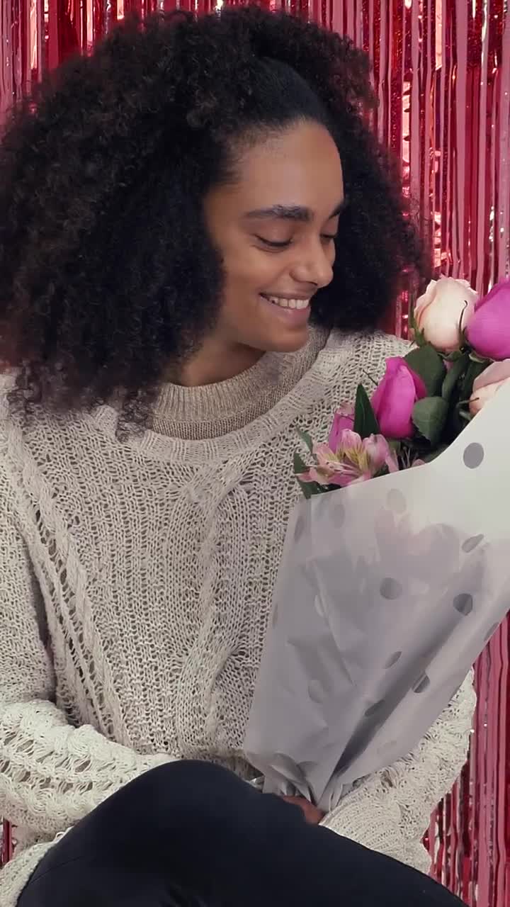 Stock Video Happy Girl Smelling A Bouquet Of Flowers On Valentines Day Animated Wallpaper - Free Download