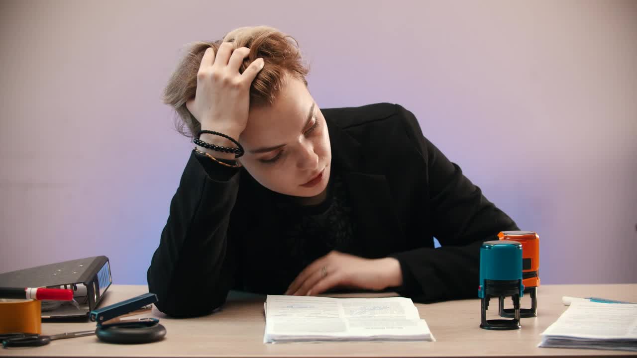 Stock Video Discouraged Woman Sealing Sheets In Her Office Live Wallpaper For PC - Free Download