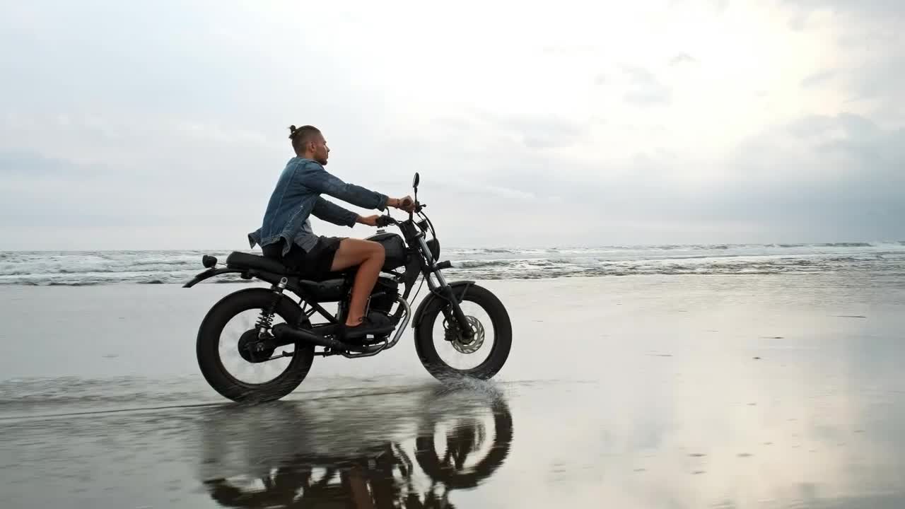 Stock Video Hipster Biker Riding A Motorcycle Near The Seashore Animated Wallpaper - Free Download
