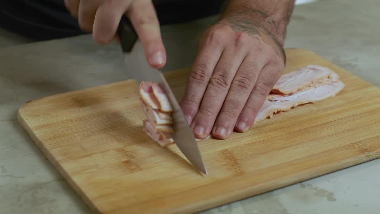 Video Stock Chef Chopping Bacon On A Board Live Wallpaper For PC - Free Download