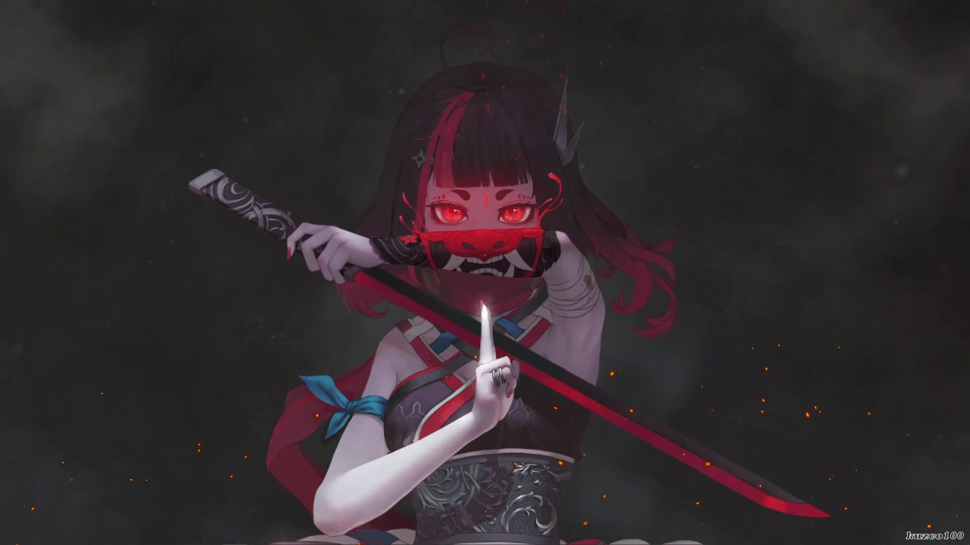 Samurai Girl and Oni Mask on Hand Live Wallpaper - Free Download