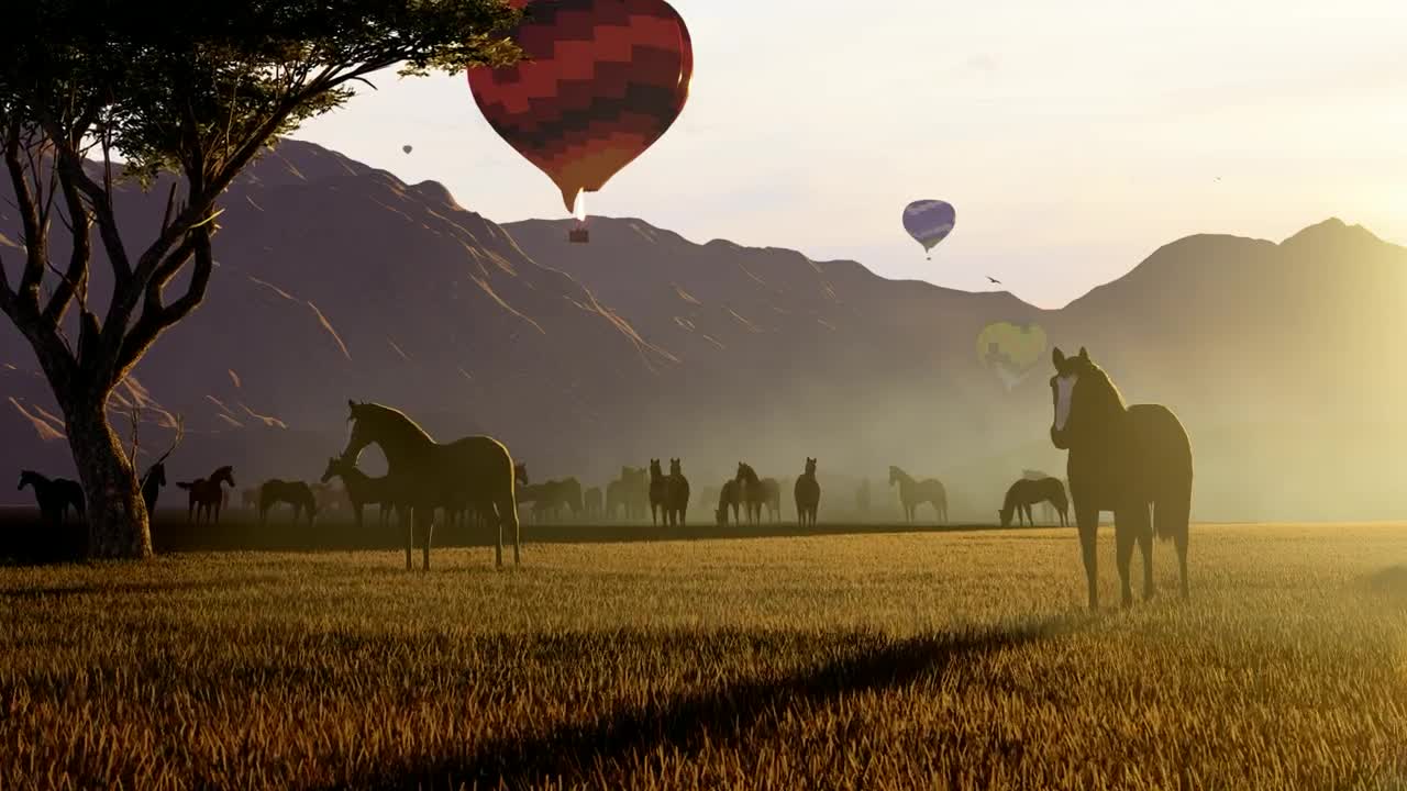 Stock Video Hot Air Balloons Over Wild Horses In Nature Animated Wallpaper - Free Download