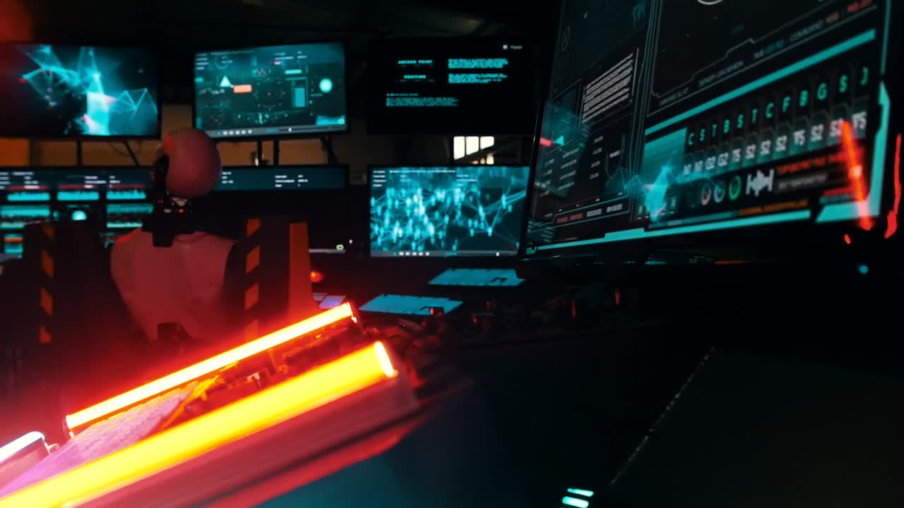 Stock Video Cyberpunk Robot In A Data Center Looking At Monitors Live Wallpaper For PC - Free Download