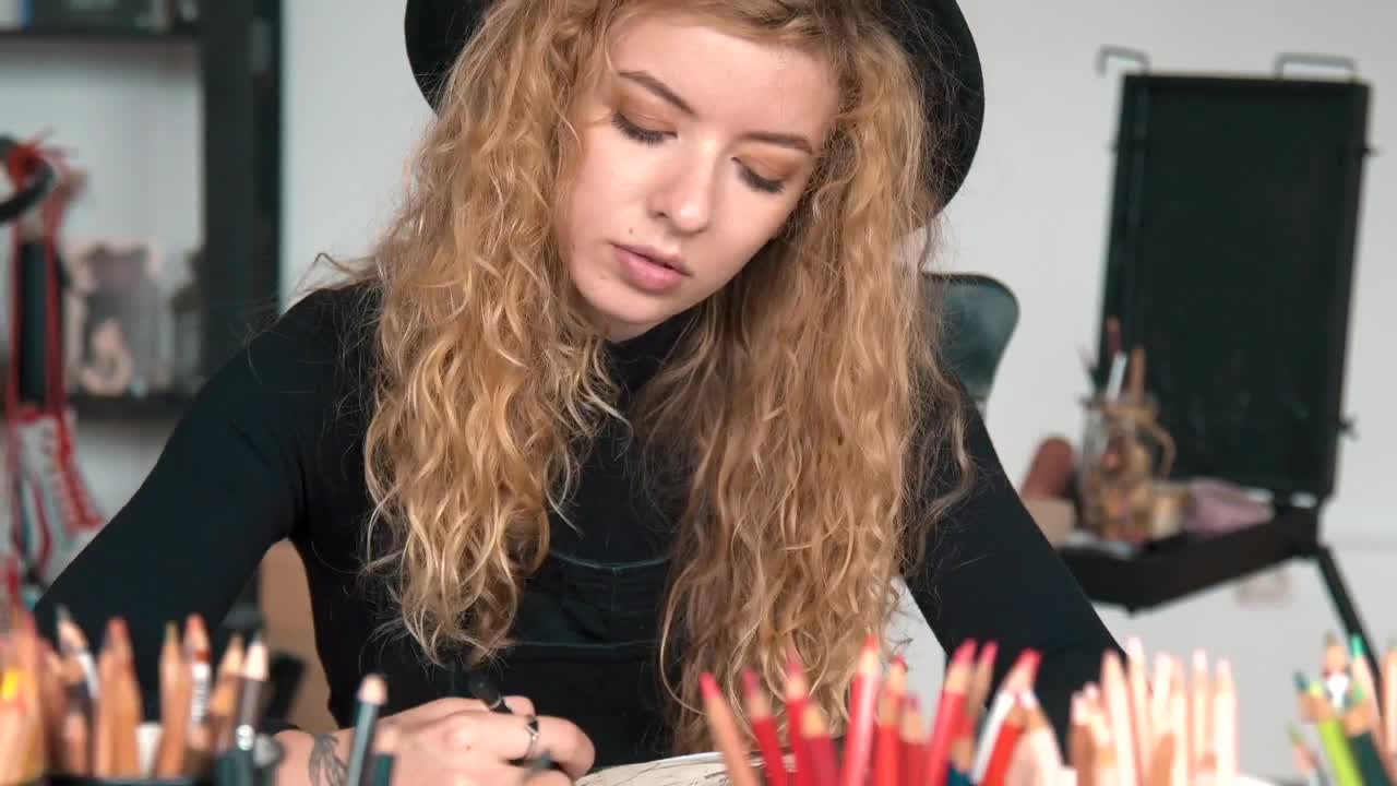 Stock Video Creative Girl Sketches On Desk In Art Studio Live Wallpaper For PC - Free Download