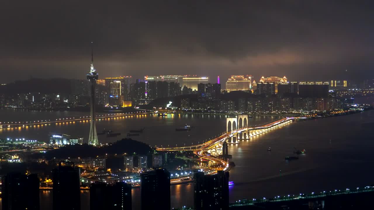 Stock Video Macau Tower And Bridge Traffic At Night Animated Wallpaper - Free Download