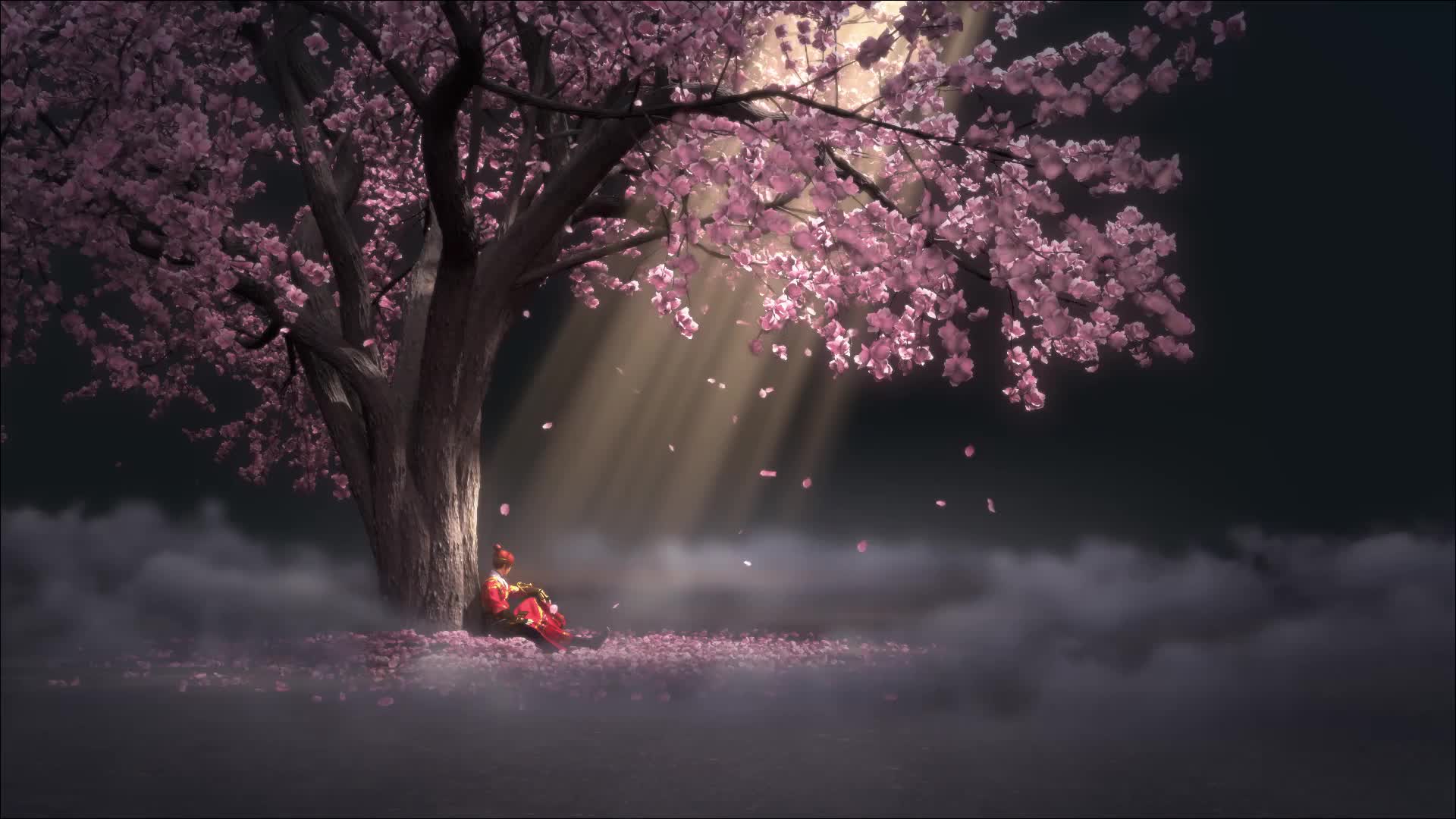 Sakura Tree And Sitting Girl Live Wallpaper - Free Download