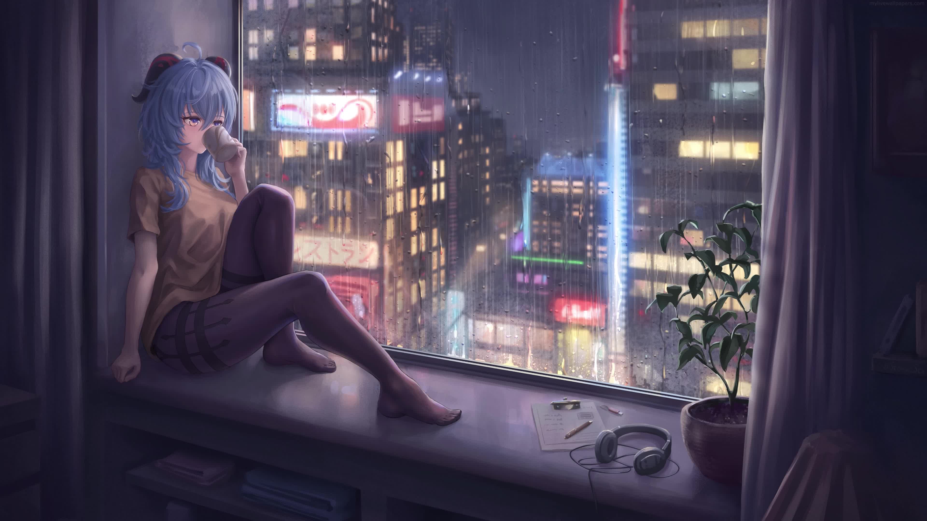Anime Ganyu Girl And Rainy Night 4K Live Wallpaper - Free Download