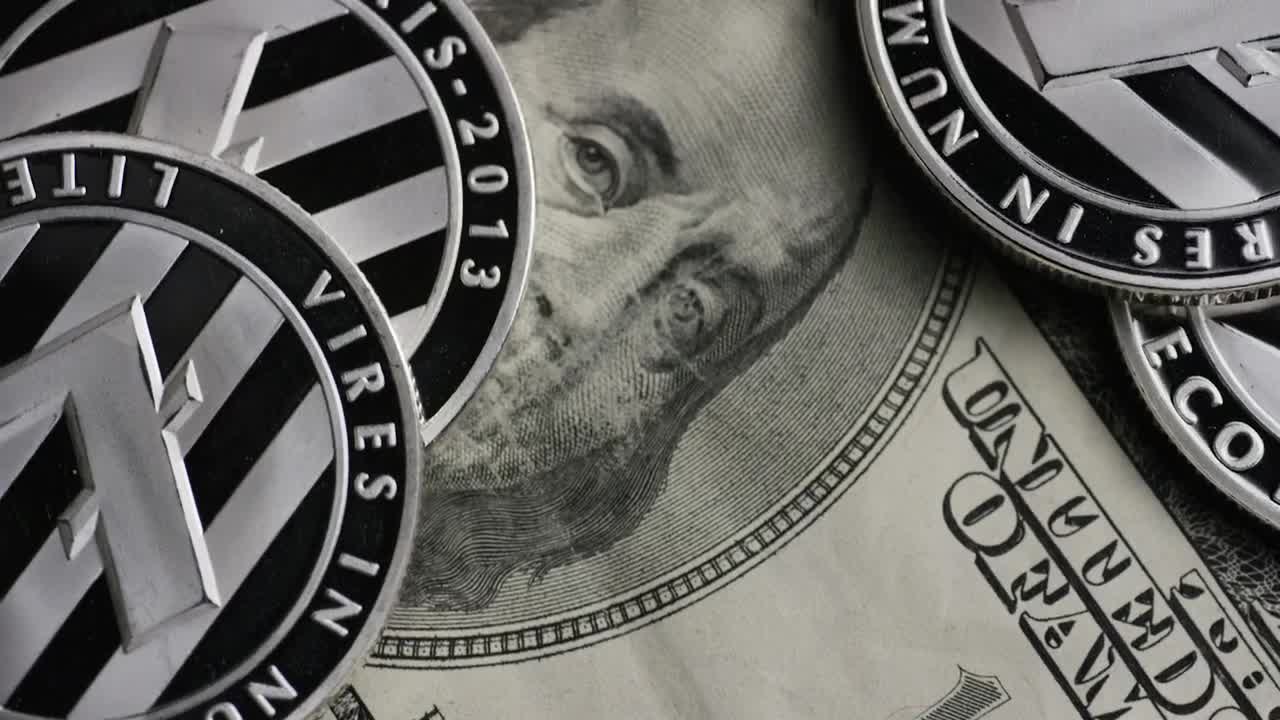 Stock Video Cryptocurrency Lite Coins Over Dollar Bills Live Wallpaper For PC - Free Download