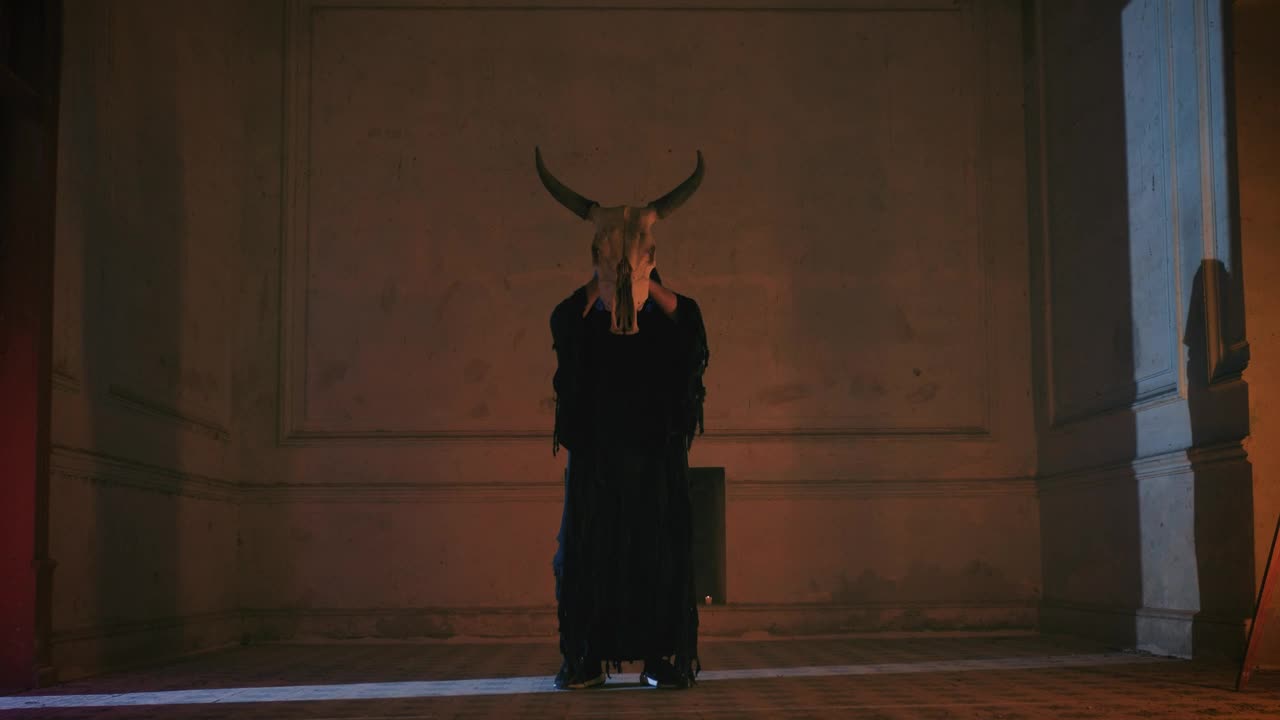 Stock Video Hooded Person In Old Room With Bull Skull Animated Wallpaper - Free Download