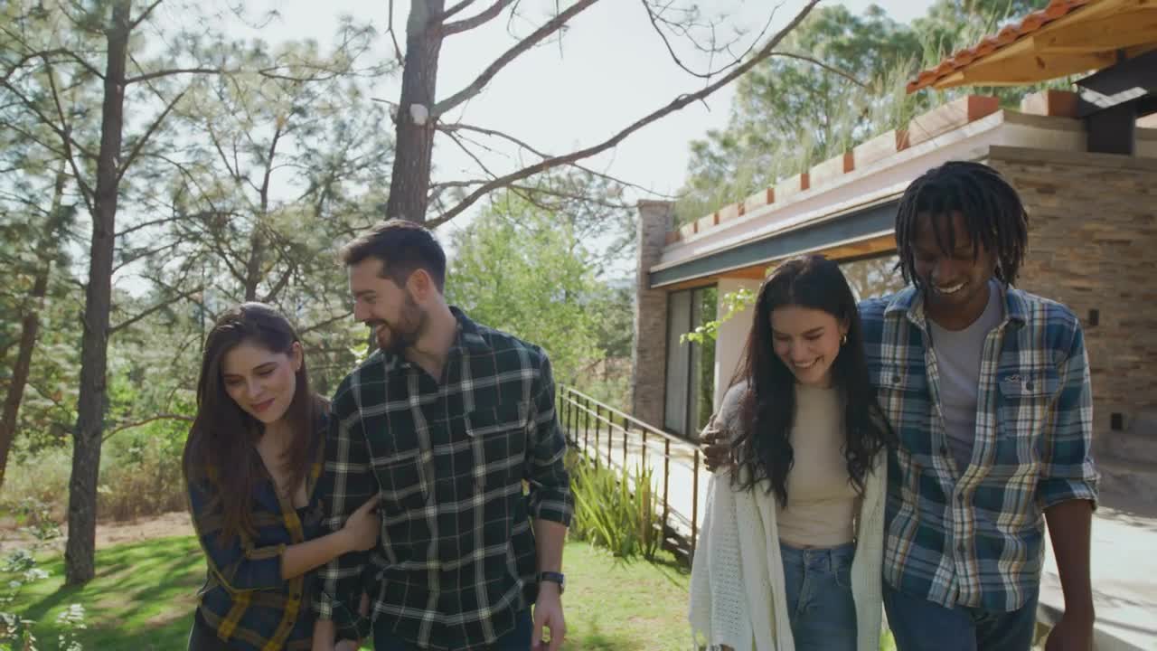 Free Stock Video Two Couples Walking Near A Cabin In The Woods Live Wallpaper - Free Download