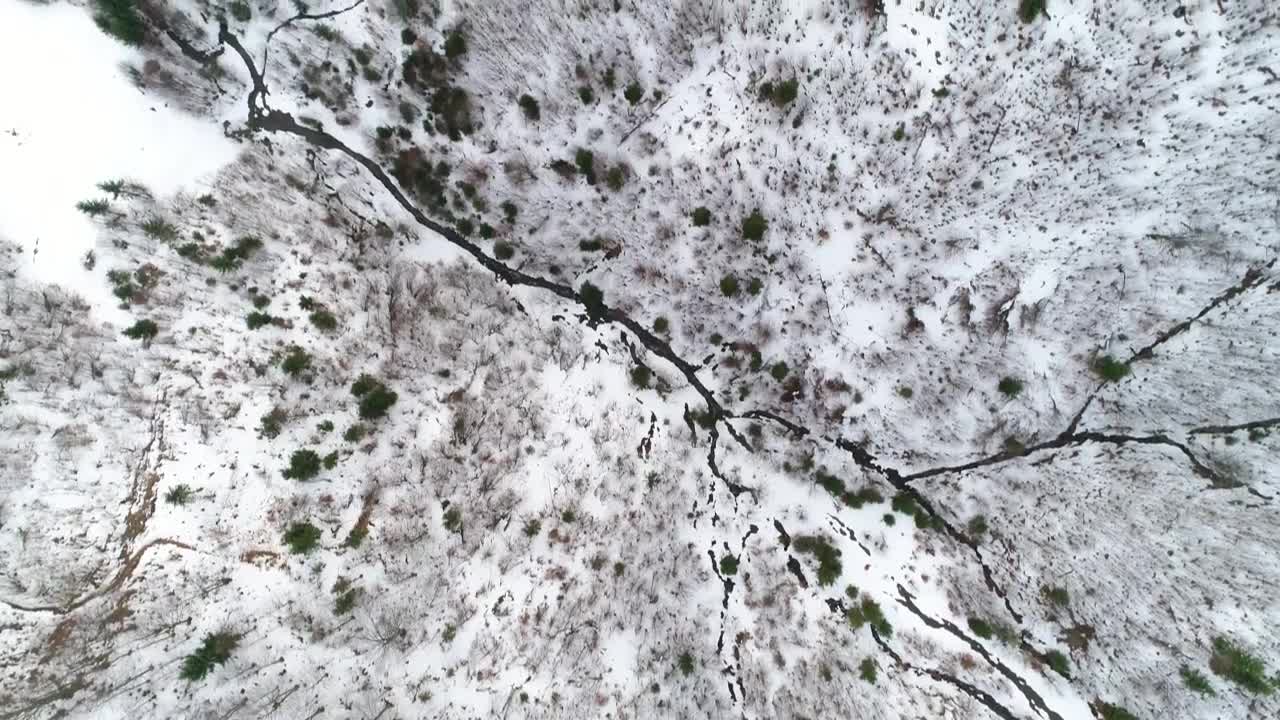 Free Video Stock top aerial shot over a frozen stream in a forest Live Wallpaper - Free Download