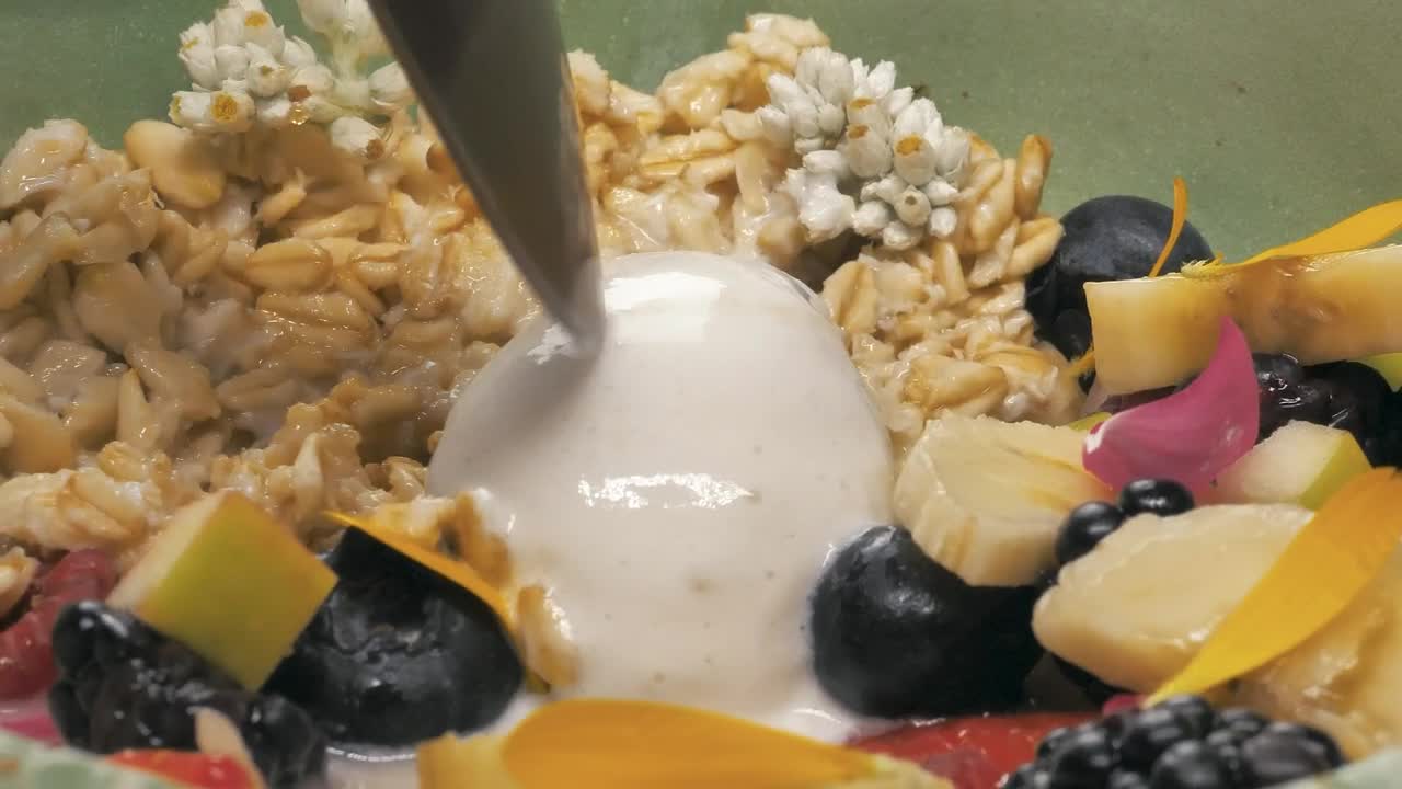 Free Video Stock Spoon Taking A Mix Of Yougurt With Seasonal Fruits Live Wallpaper - Free Download