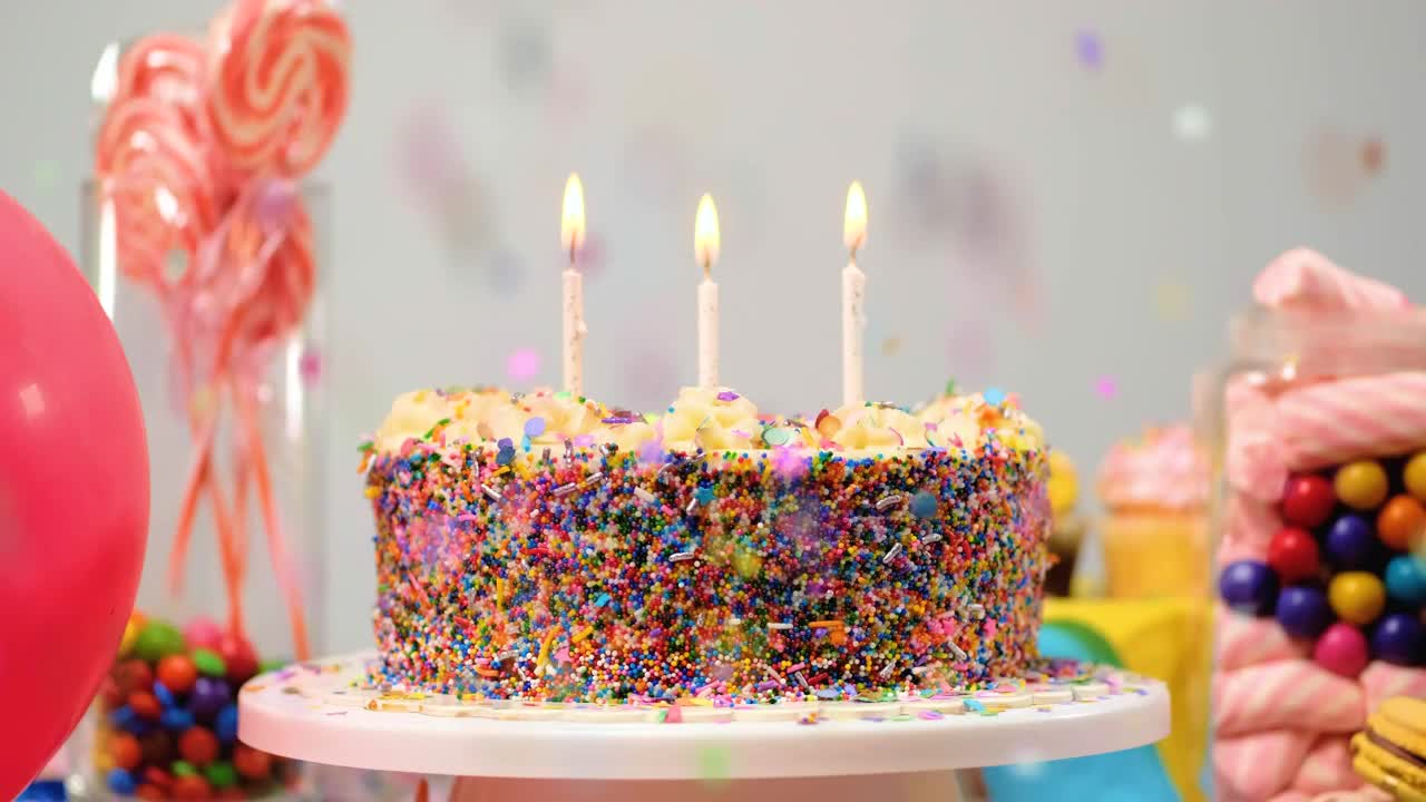 Stock Video Birthday Cake On A Table With Candies And Balloons Live Wallpaper For PC - Free Download