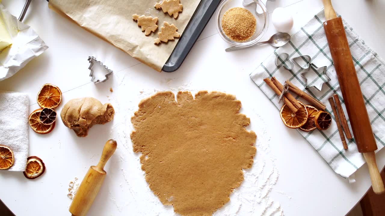 Free Video Stock top view of pressing cookie dough with spices and rolling Live Wallpaper - Free Download