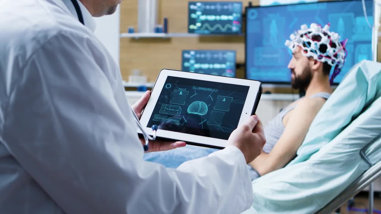 Stock Video Doctor Views D Brain Scan On Tablet In Modern Clinic Live Wallpaper For PC - Free Download