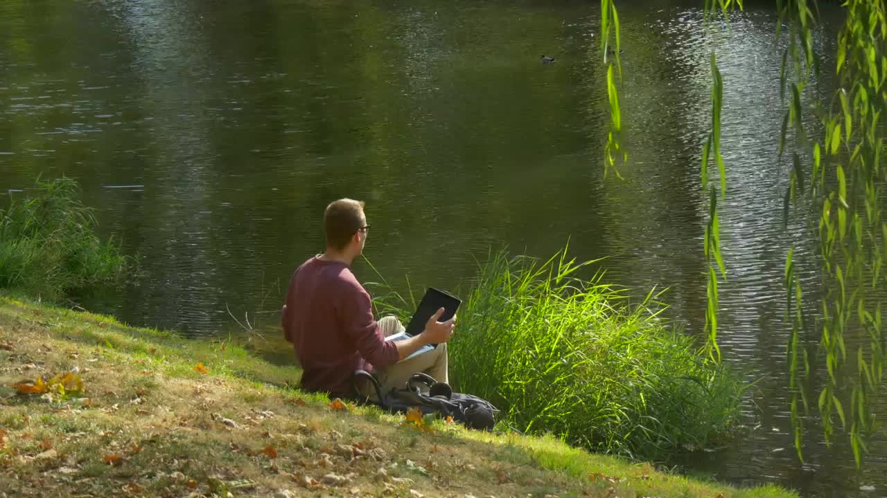 Stock Video Man With A Laptop On The Bank Of A Rive Animated Wallpaper - Free Download