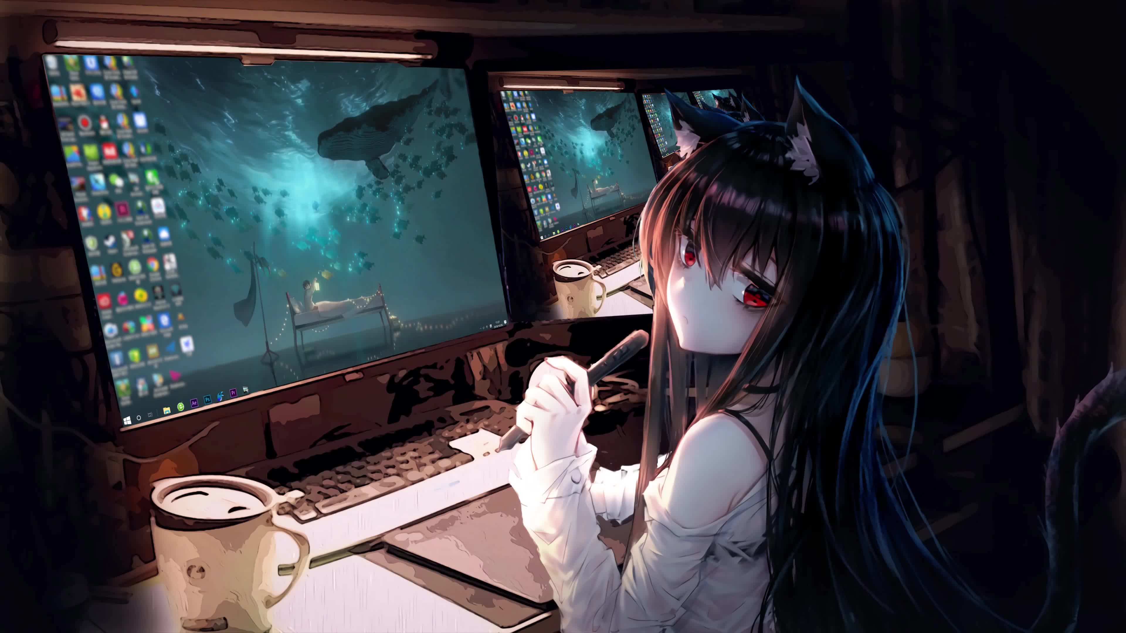 Anime Girl and Computers 4K Live Wallpaper - Free Download