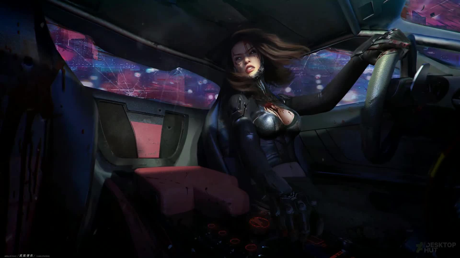 Bloody Cyberpunk Girl in Car Live Wallpaper - Free Download