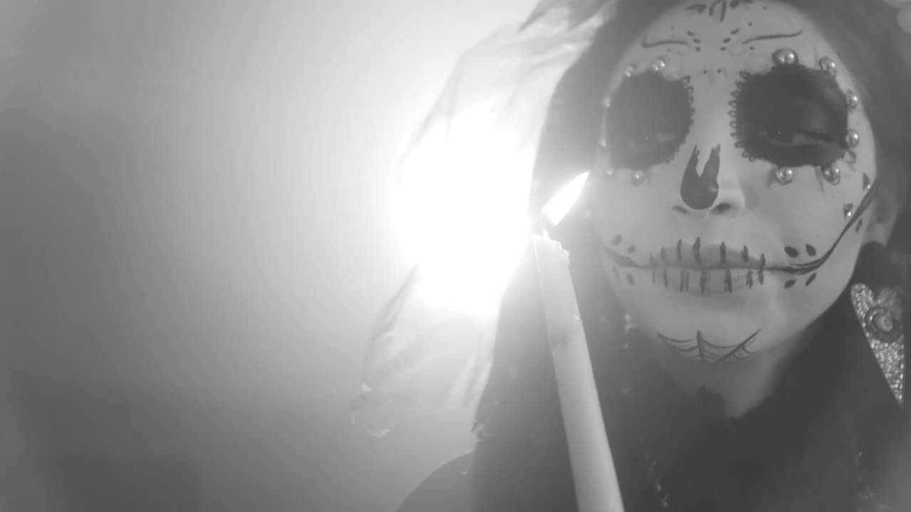 Stock Video Face Of A Catrina With A Candle Black And White Live Wallpaper For PC - Free Download