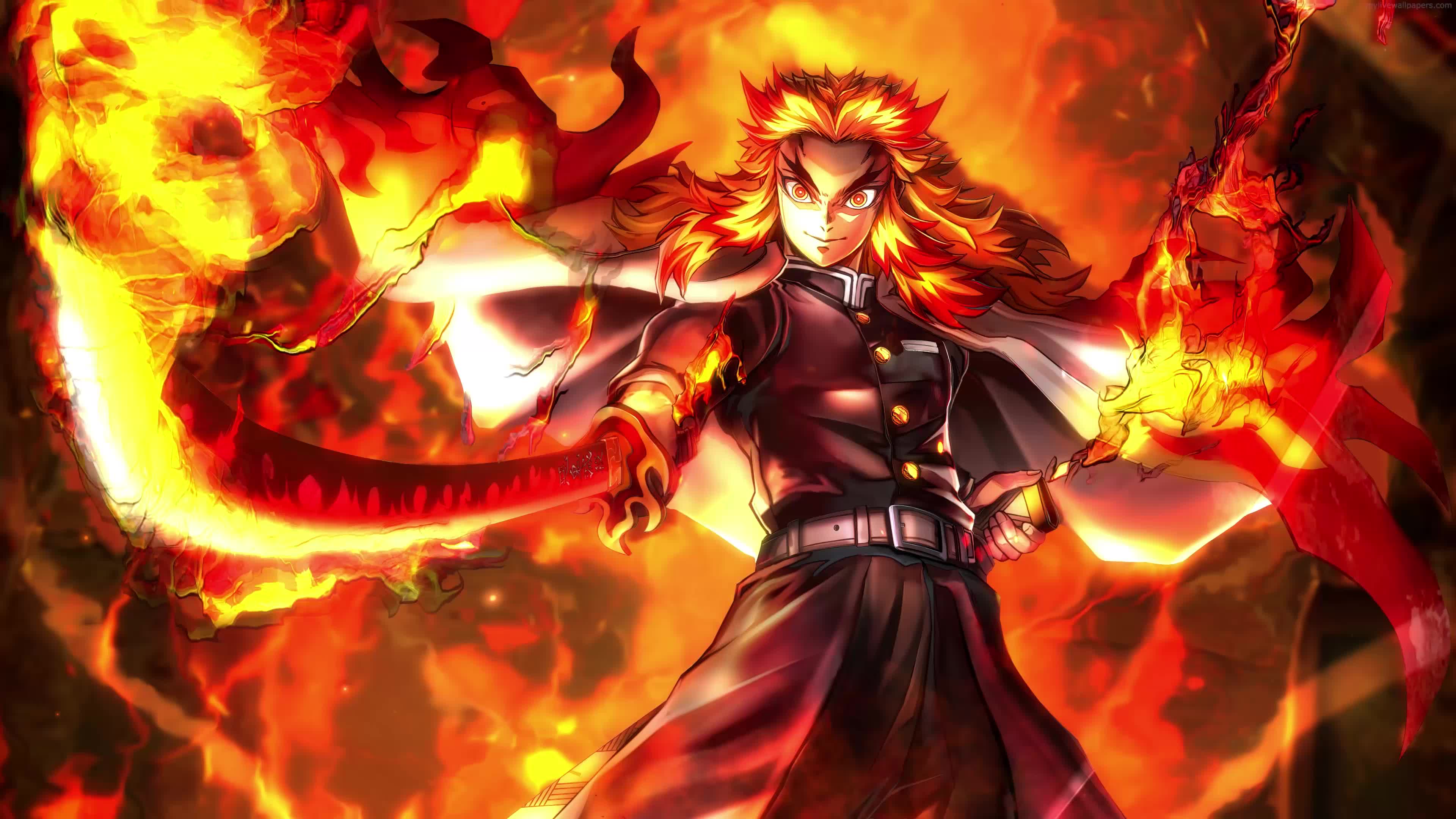 Anime Kyojuro Rengoku Fire Blade 4K Live Wallpaper - Free Download