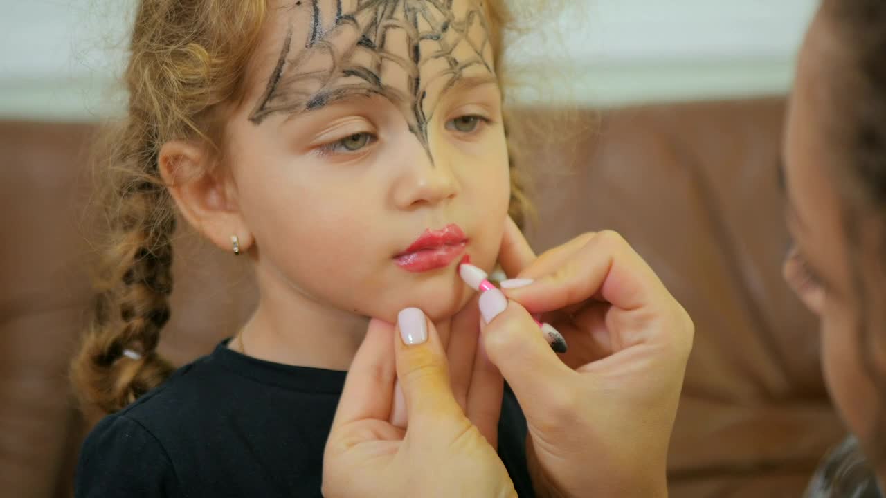 Stock Footage Woman Applies Lipstick To Little Girl For Halloween Live Wallpaper - Free Download