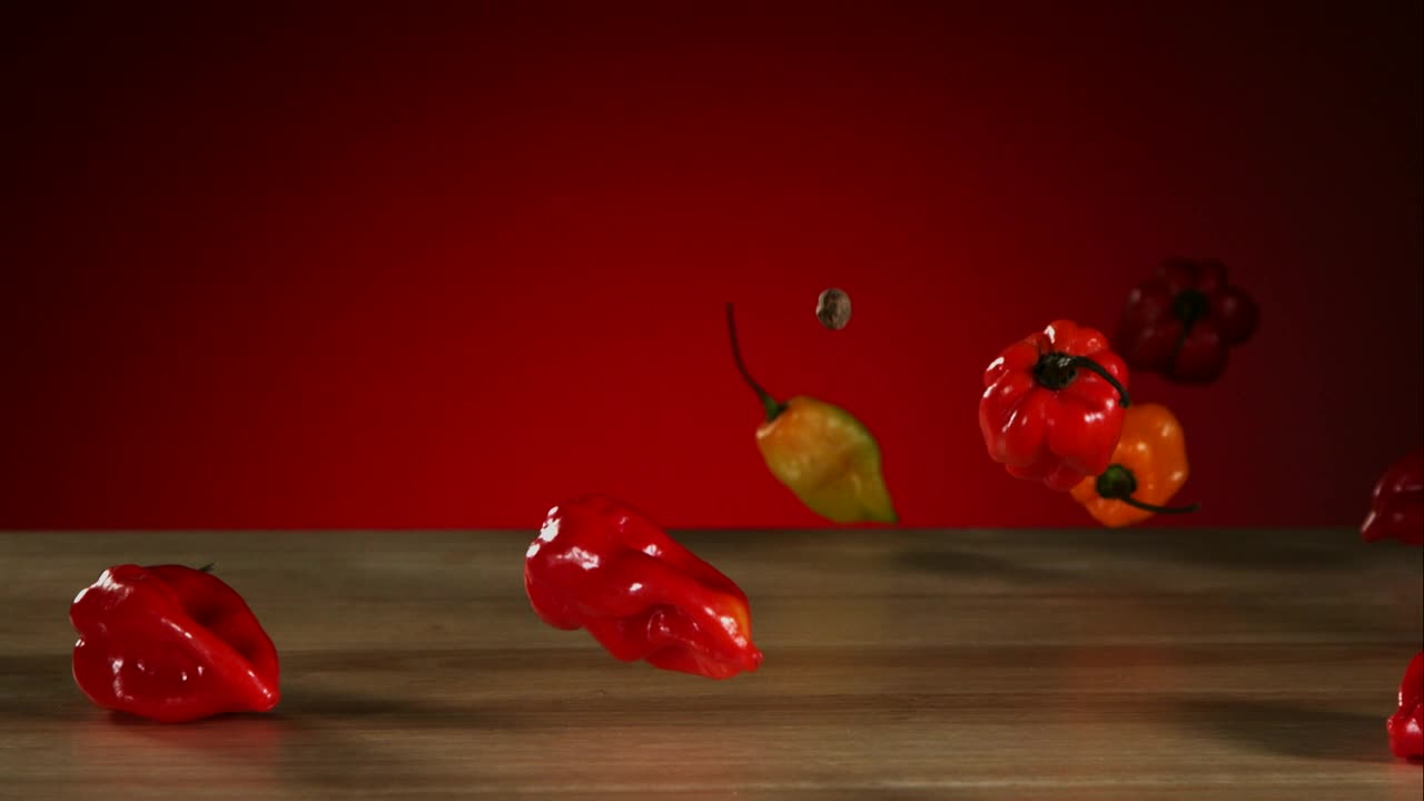 Stock Video Peppers Falling And Bouncing On A Wooden Table Live Wallpaper - Free Download