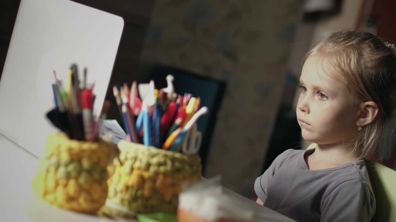 Stock Video Little Girl Paying Attention To Online Class At Home Animated Wallpaper - Free Download