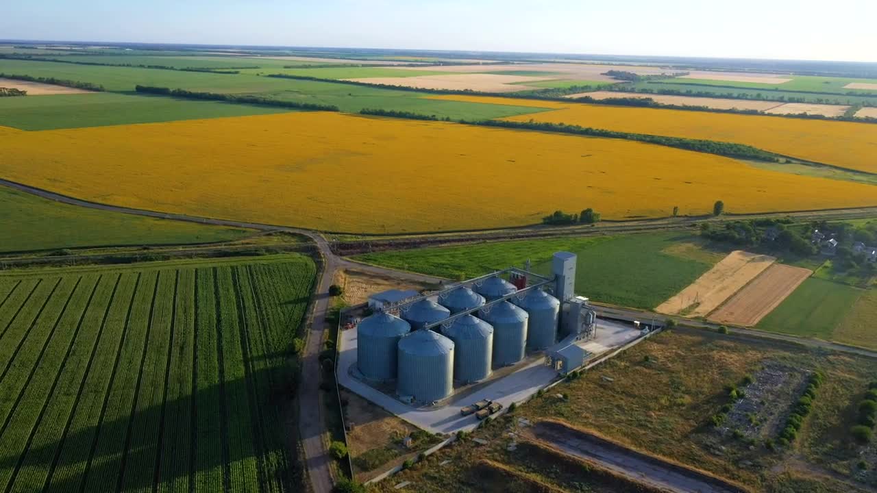 Stock Video Flying Over Grain Silos And Sunflower Fields Live Wallpaper For PC - Free Download