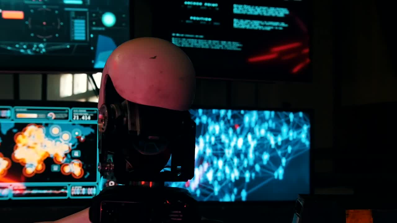 Stock Video Data Monitors And A Humanoid Robot Moving His Head Live Wallpaper For PC - Free Download