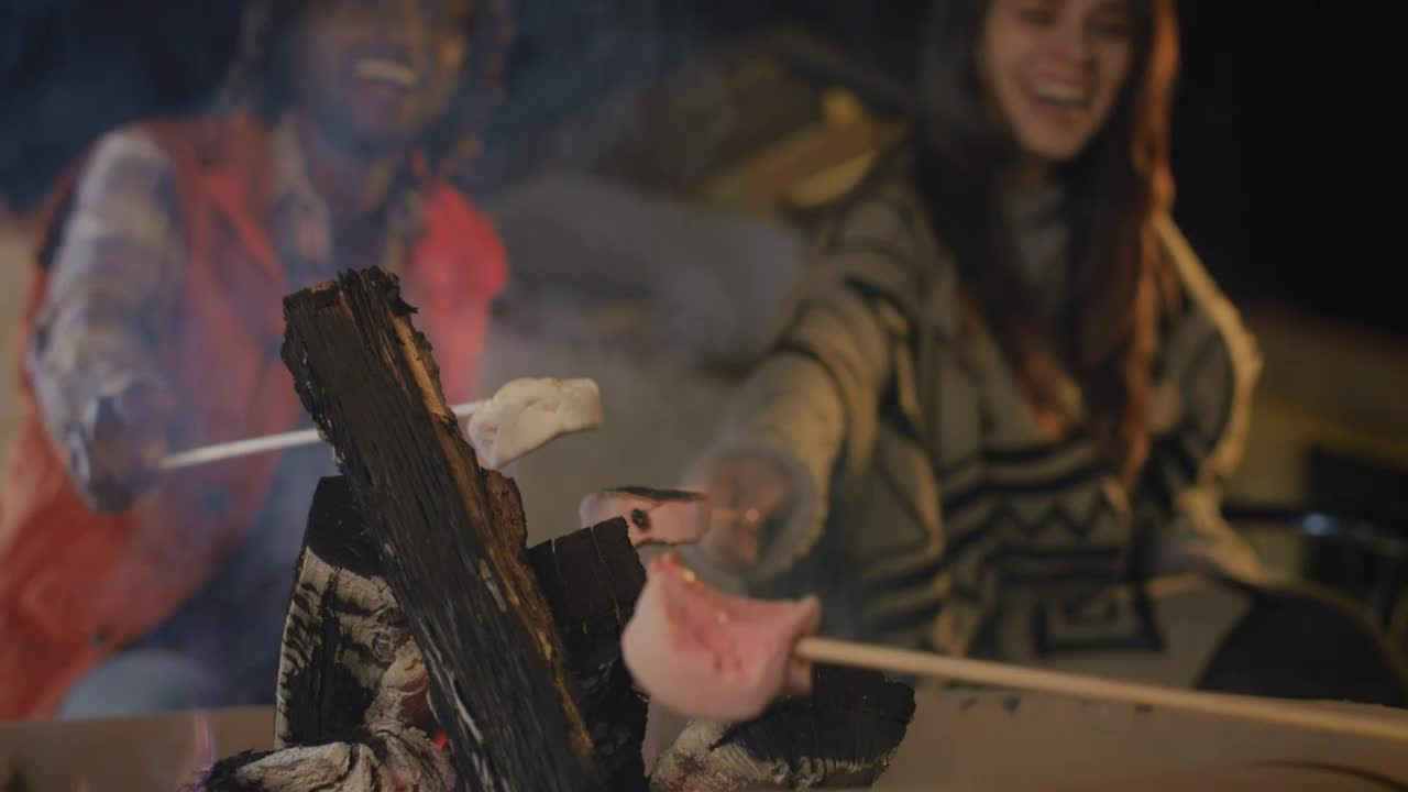 Stock Video Couple Of Friends Burning Marshmallows Over A Campfire Live Wallpaper For PC - Free Download