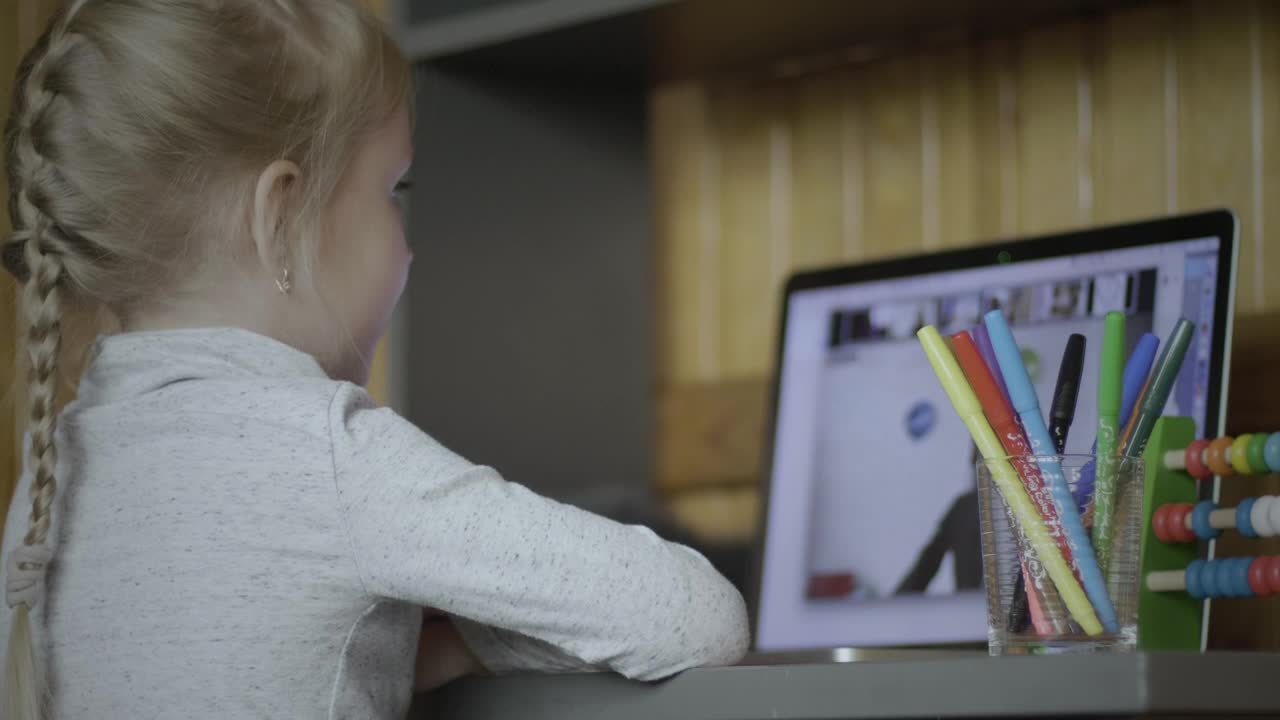 Stock Video Little Girl Paying Attention To Online Class Animated Wallpaper - Free Download