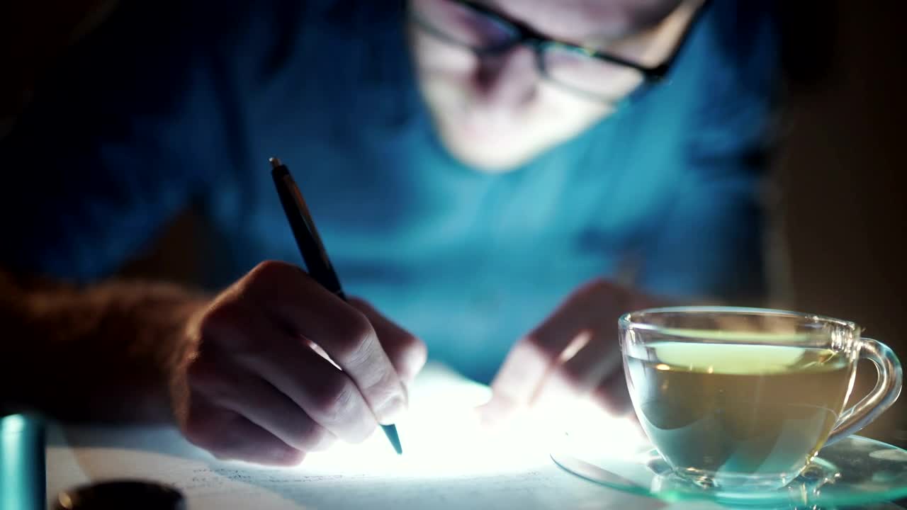 Stock Video Man With Insomnia Writes With Cup Of Te Animated Wallpaper - Free Download