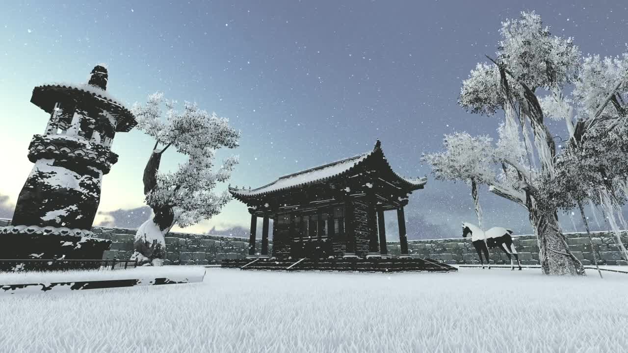 Stock Video Japanese Pavilion In A Snowy Garden With A Horse Animated Wallpaper - Free Download