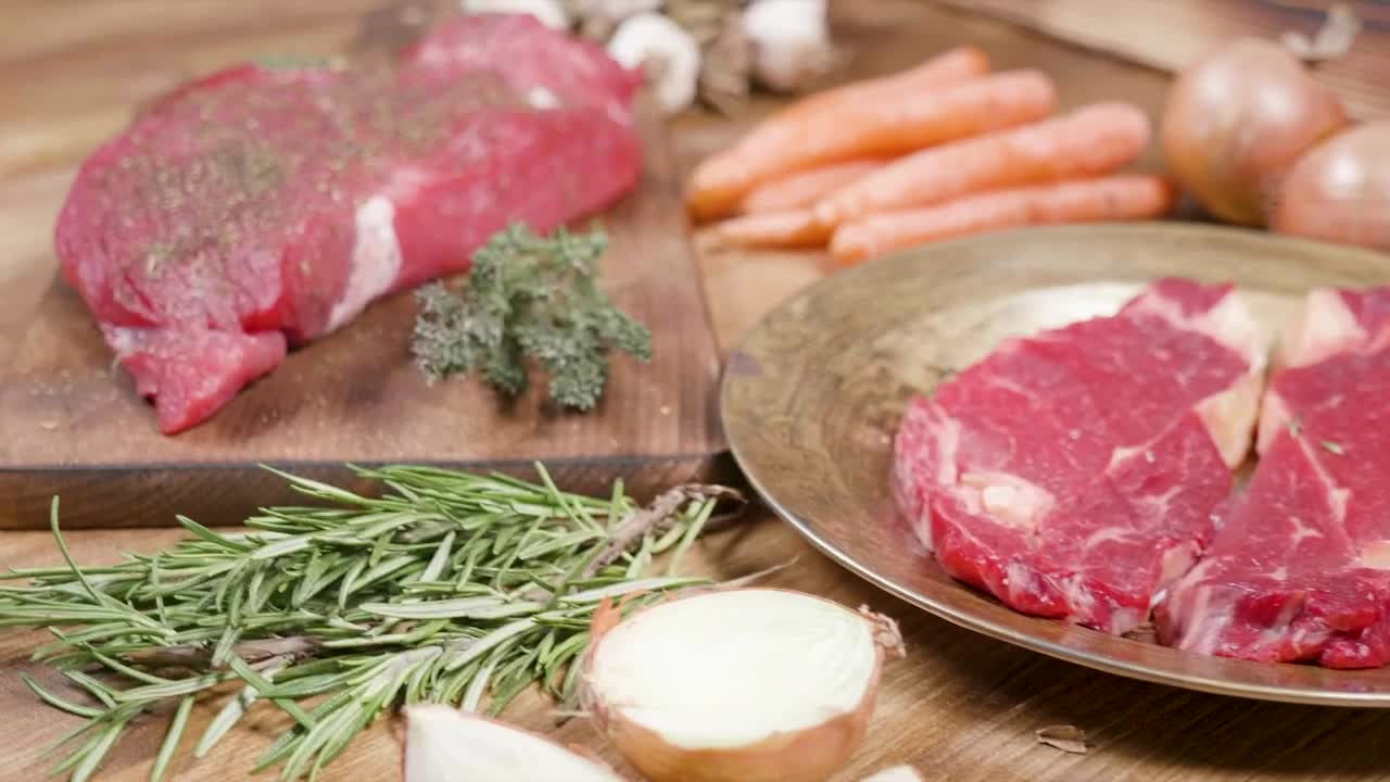 Stock Video Keto Diet Raw Steak Display On Rustic Table Animated Wallpaper - Free Download
